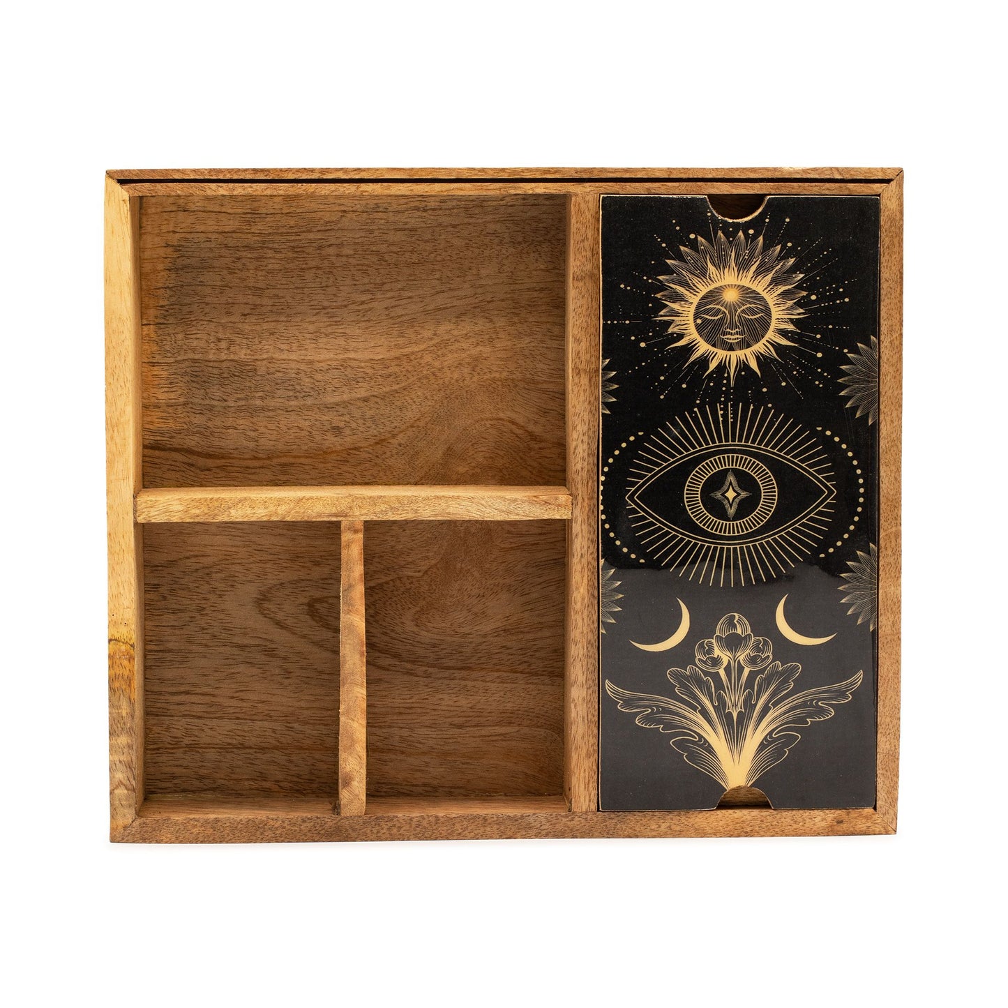 Caja de tarot de cuatro compartimentos con soporte para cartas