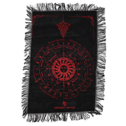 Tela de Adivinación con Péndulo de Bruja Antigua - Rostro del Sol - Negro y Rojo Sangriento