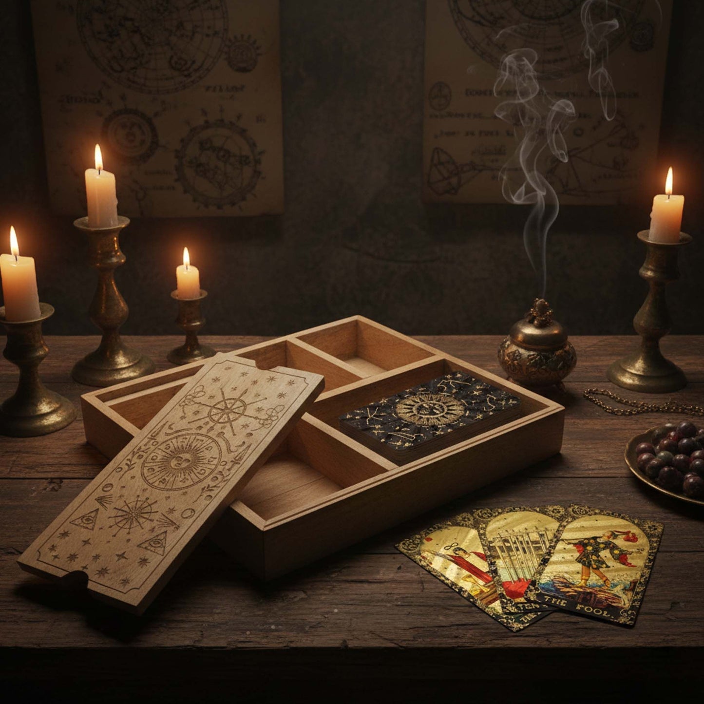 Caja de tarot de cuatro compartimentos con soporte para cartas.